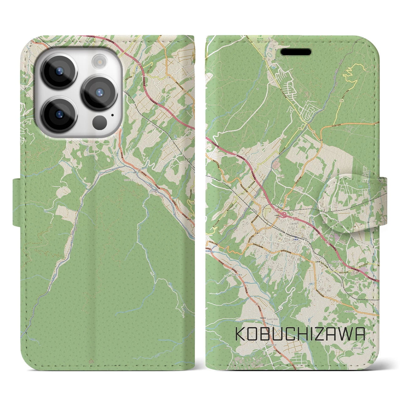 【小淵沢(山梨県)】地図柄iPhoneケース(手帳タイプ)ナチュラル・iPhone 14 Pro 用