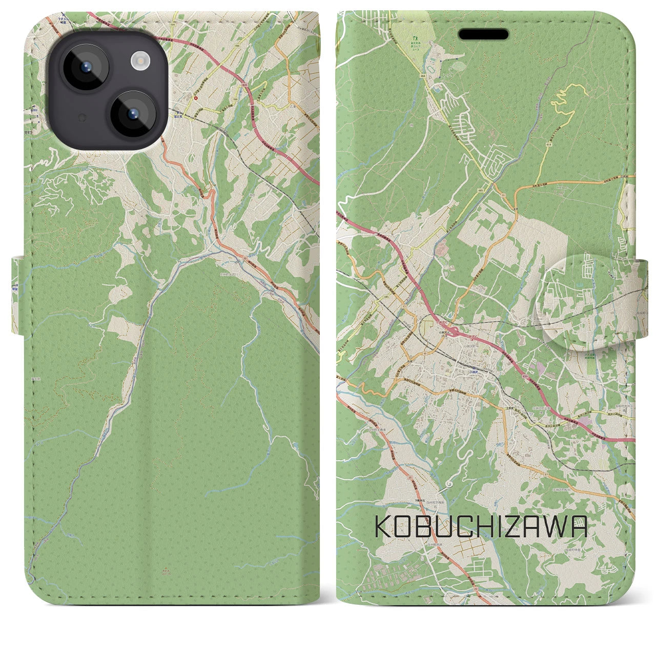 【小淵沢(山梨県)】地図柄iPhoneケース(手帳タイプ)ナチュラル・iPhone 14 Plus 用