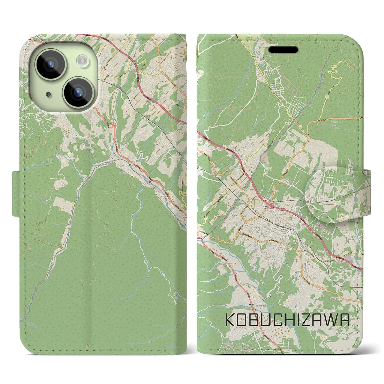 【小淵沢(山梨県)】地図柄iPhoneケース(手帳タイプ)ナチュラル・iPhone 15 用