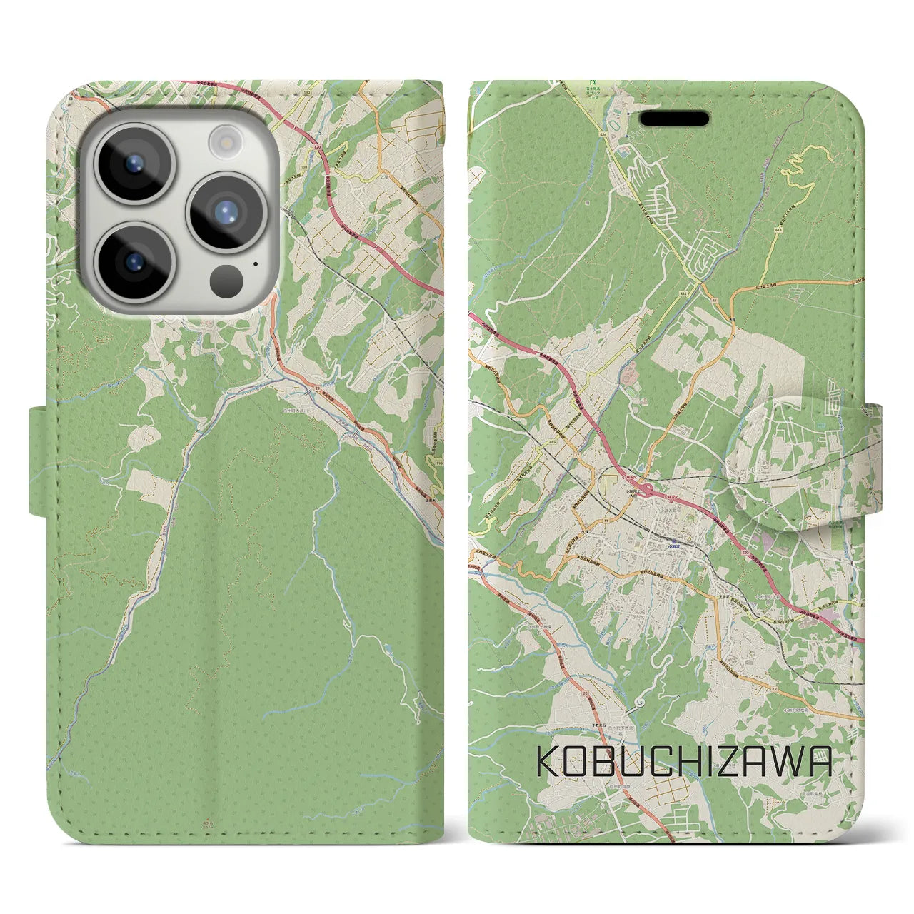 【小淵沢(山梨県)】地図柄iPhoneケース(手帳タイプ)ナチュラル・iPhone 15 Pro 用
