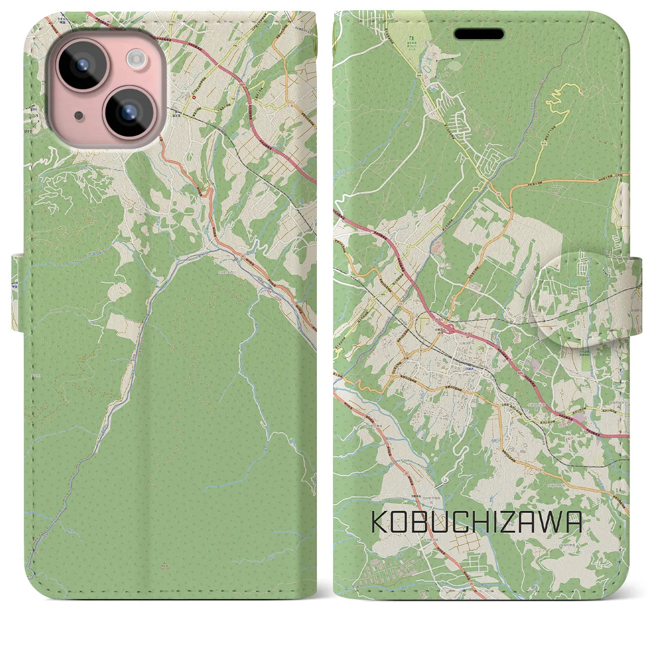 【小淵沢(山梨県)】地図柄iPhoneケース(手帳タイプ)ナチュラル・iPhone 15 Plus 用