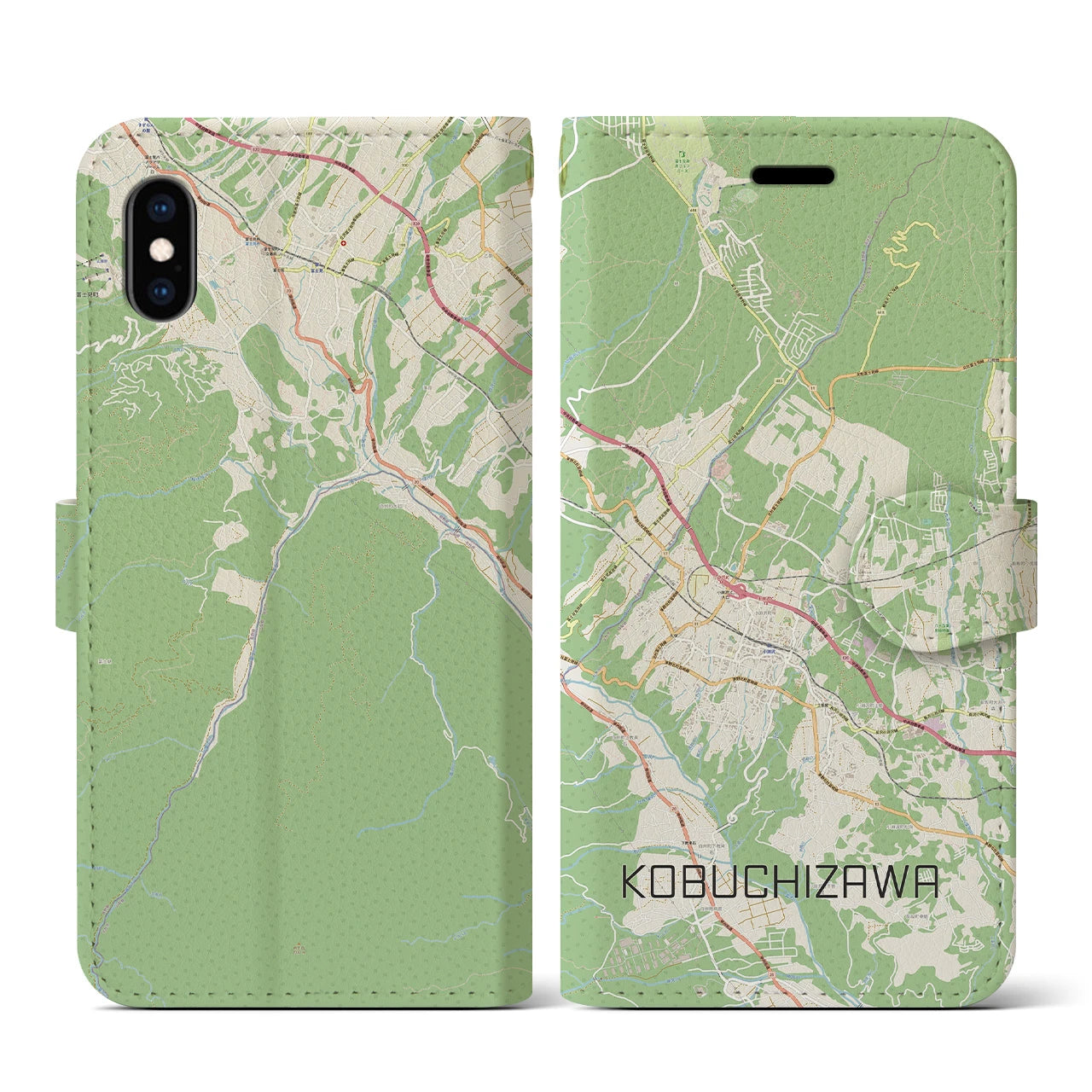 【小淵沢(山梨県)】地図柄iPhoneケース(手帳タイプ)ナチュラル・iPhone XS / X 用