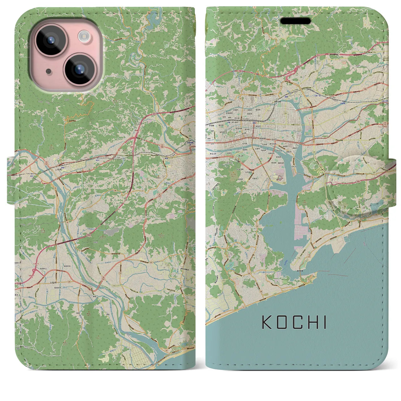 【高知(高知県)】地図柄iPhoneケース(手帳タイプ)ナチュラル・iPhone 15 Plus 用