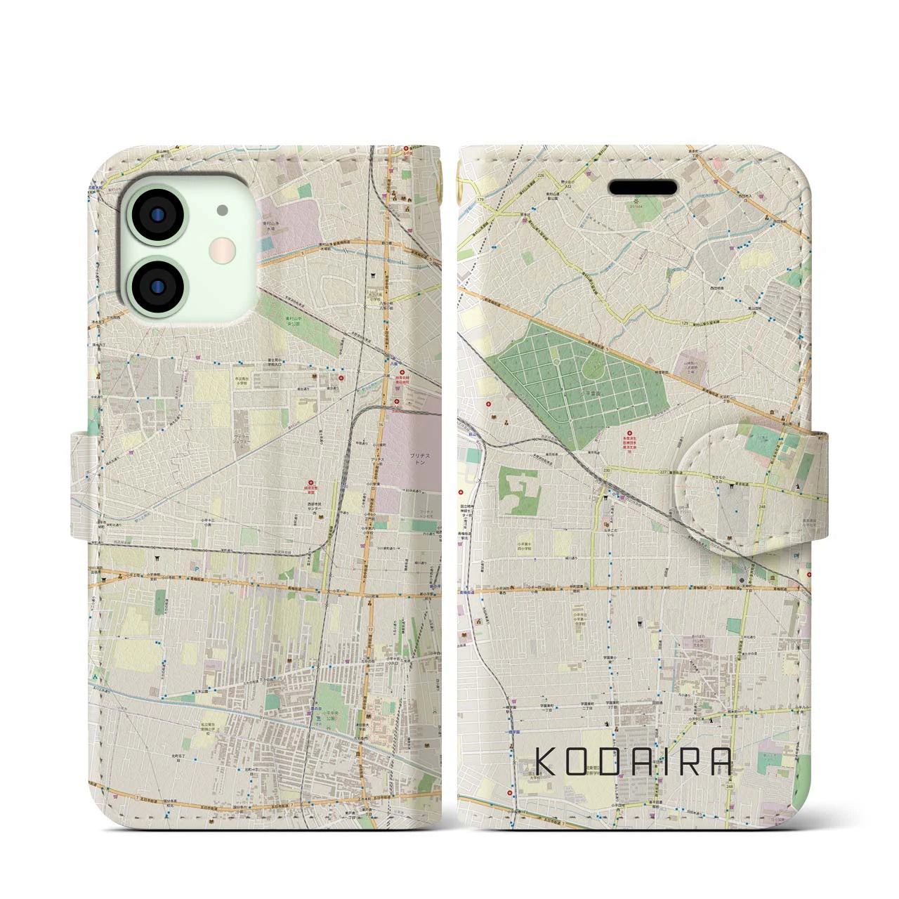 【小平(東京都)】地図柄iPhoneケース(手帳タイプ)ナチュラル・iPhone 12 mini 用