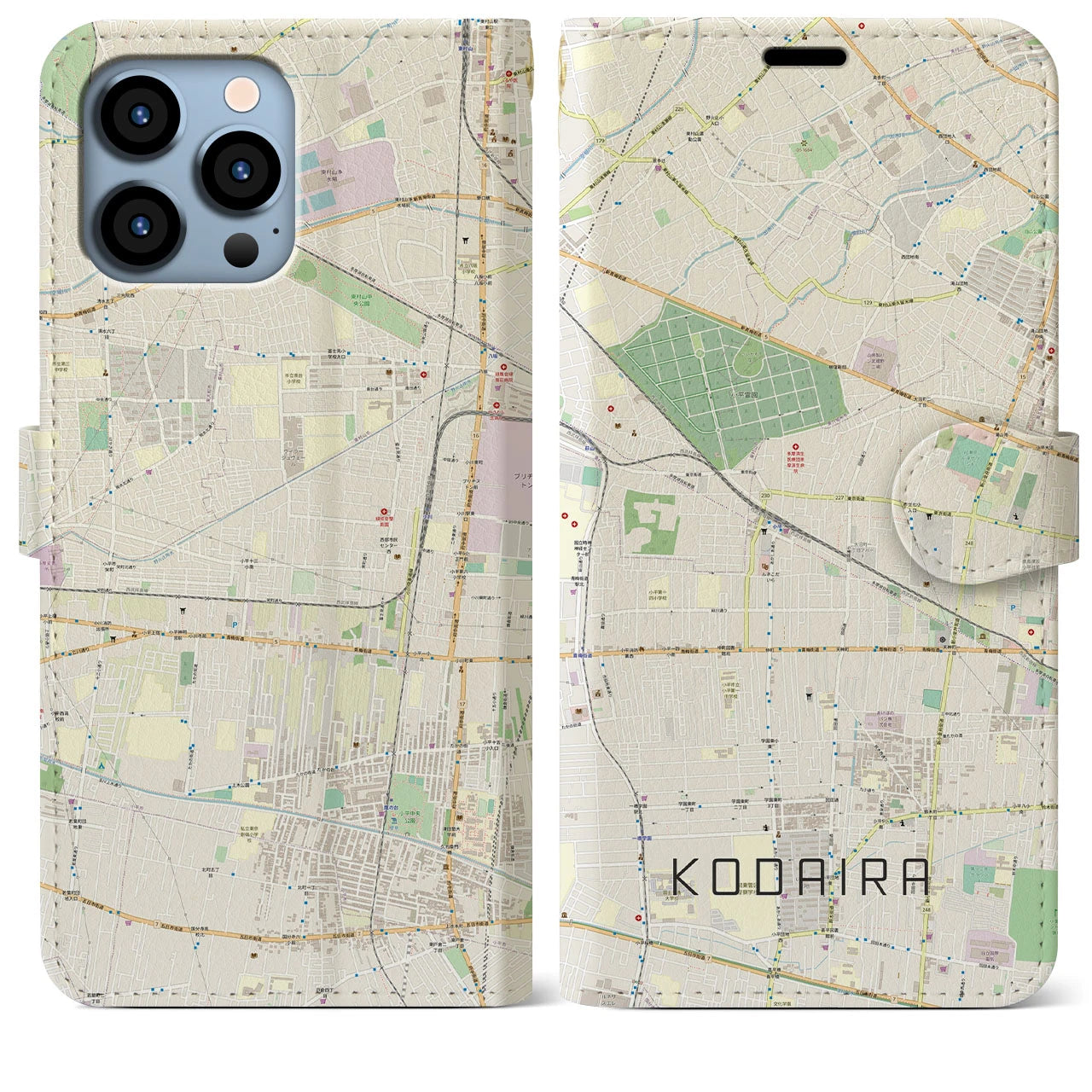 【小平(東京都)】地図柄iPhoneケース(手帳タイプ)ナチュラル・iPhone 13 Pro Max 用
