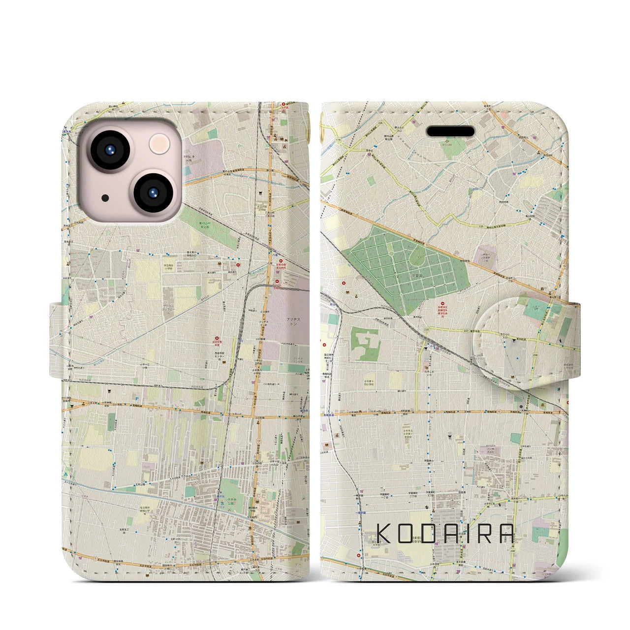 【小平(東京都)】地図柄iPhoneケース(手帳タイプ)ナチュラル・iPhone 13 mini 用
