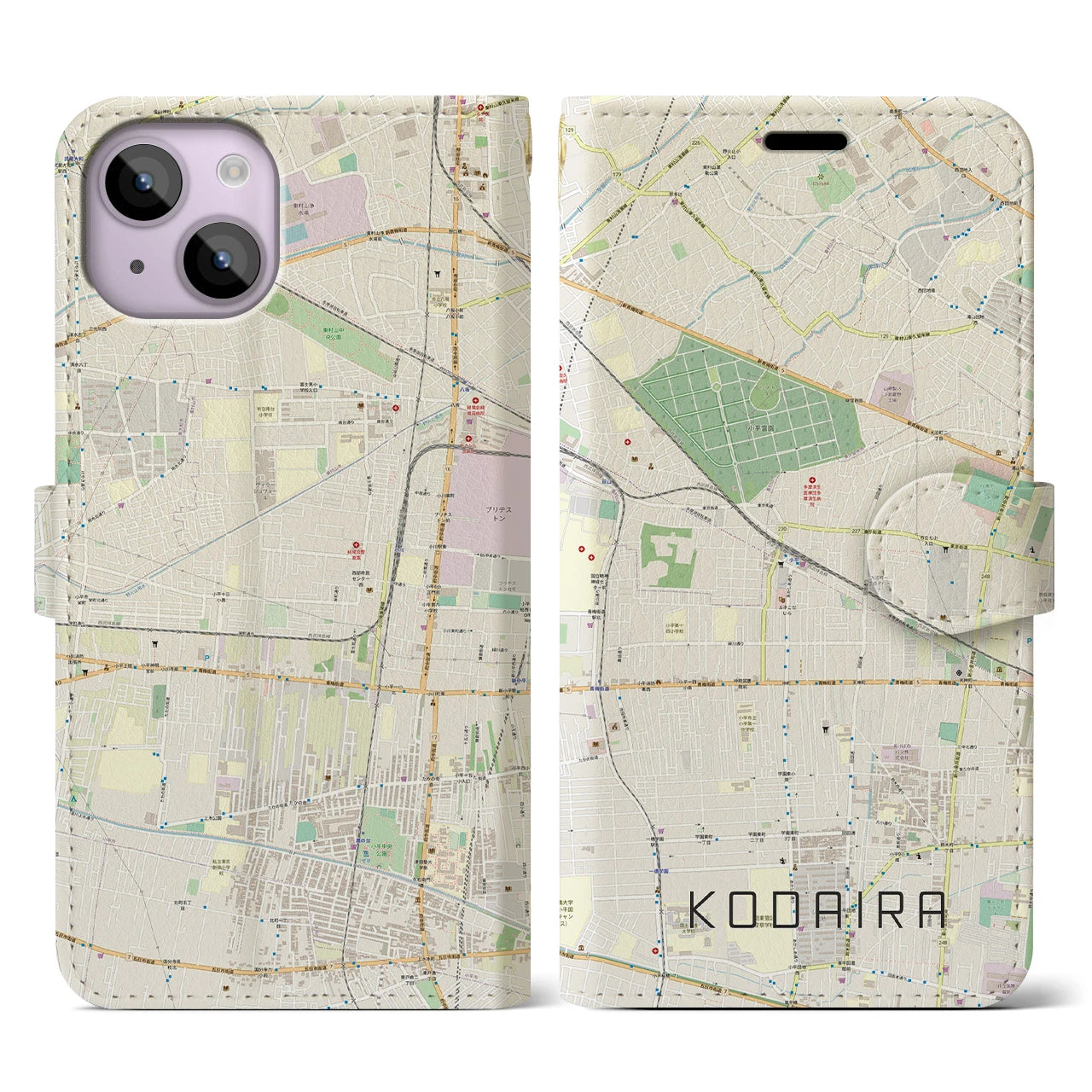 【小平(東京都)】地図柄iPhoneケース(手帳タイプ)ナチュラル・iPhone 14 用