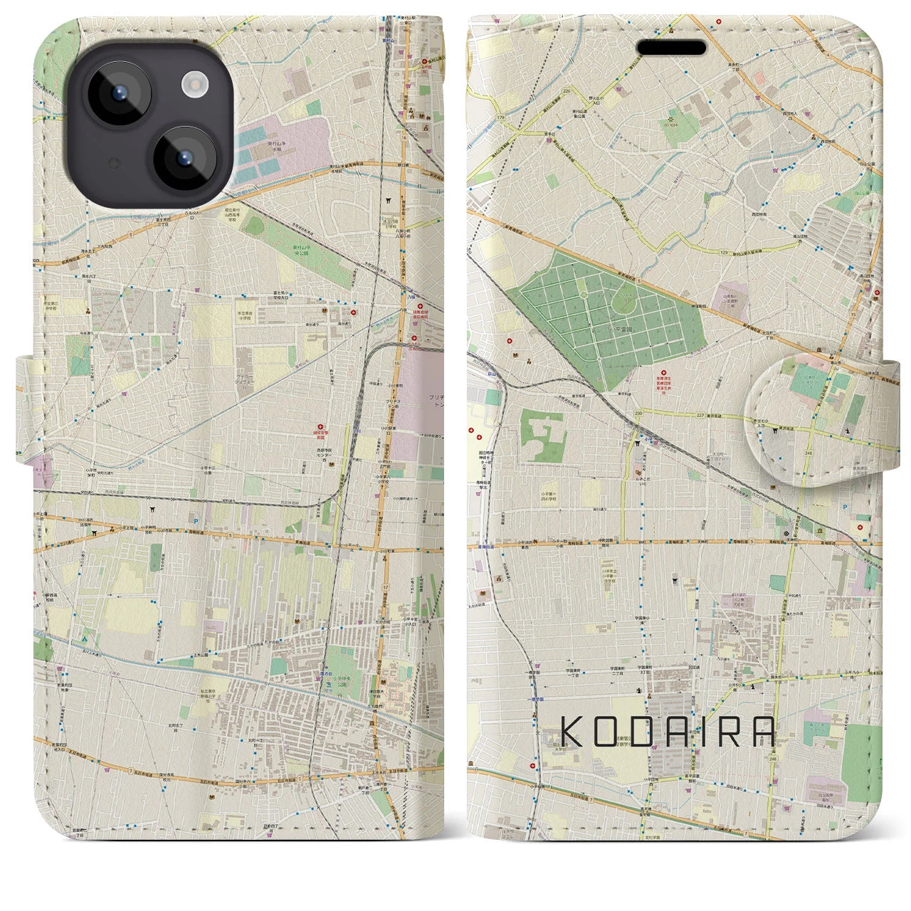 【小平(東京都)】地図柄iPhoneケース(手帳タイプ)ナチュラル・iPhone 14 Plus 用
