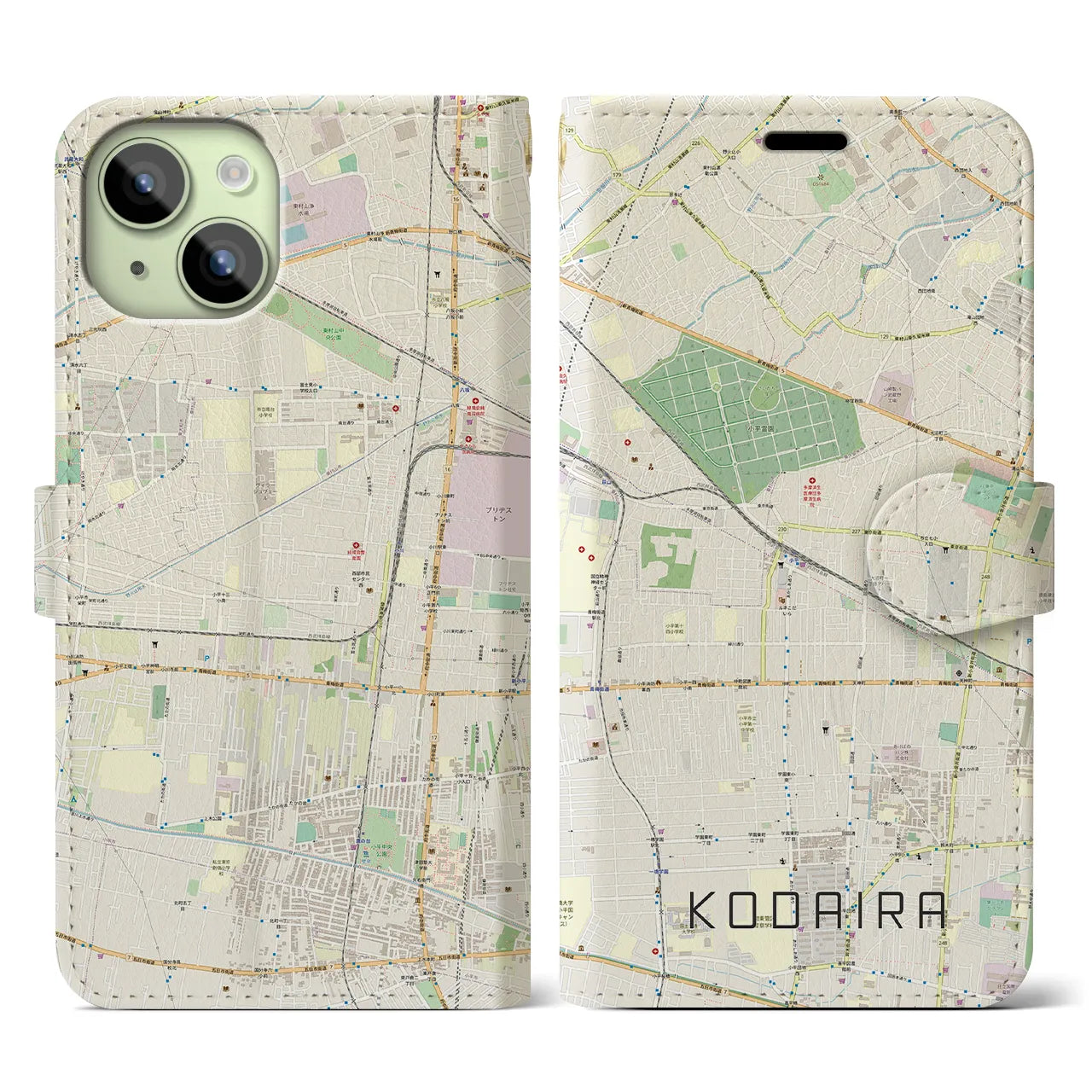 【小平(東京都)】地図柄iPhoneケース(手帳タイプ)ナチュラル・iPhone 15 用