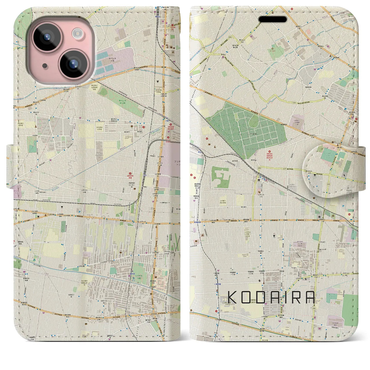 【小平(東京都)】地図柄iPhoneケース(手帳タイプ)ナチュラル・iPhone 15 Plus 用