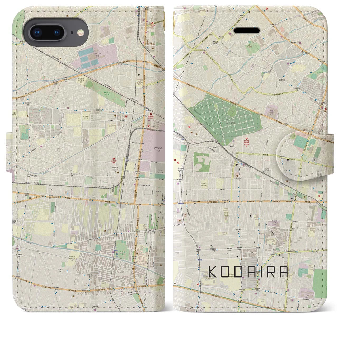 【小平(東京都)】地図柄iPhoneケース(手帳タイプ)ナチュラル・iPhone 8Plus /7Plus / 6sPlus / 6Plus 用