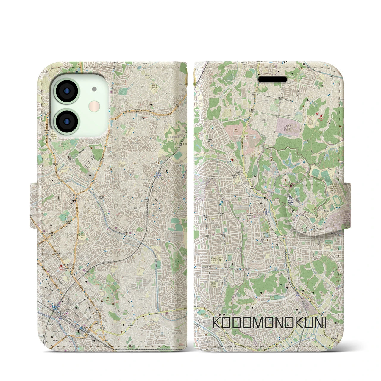 【こどもの国(神奈川県)】地図柄iPhoneケース(手帳タイプ)ナチュラル・iPhone 12 mini 用