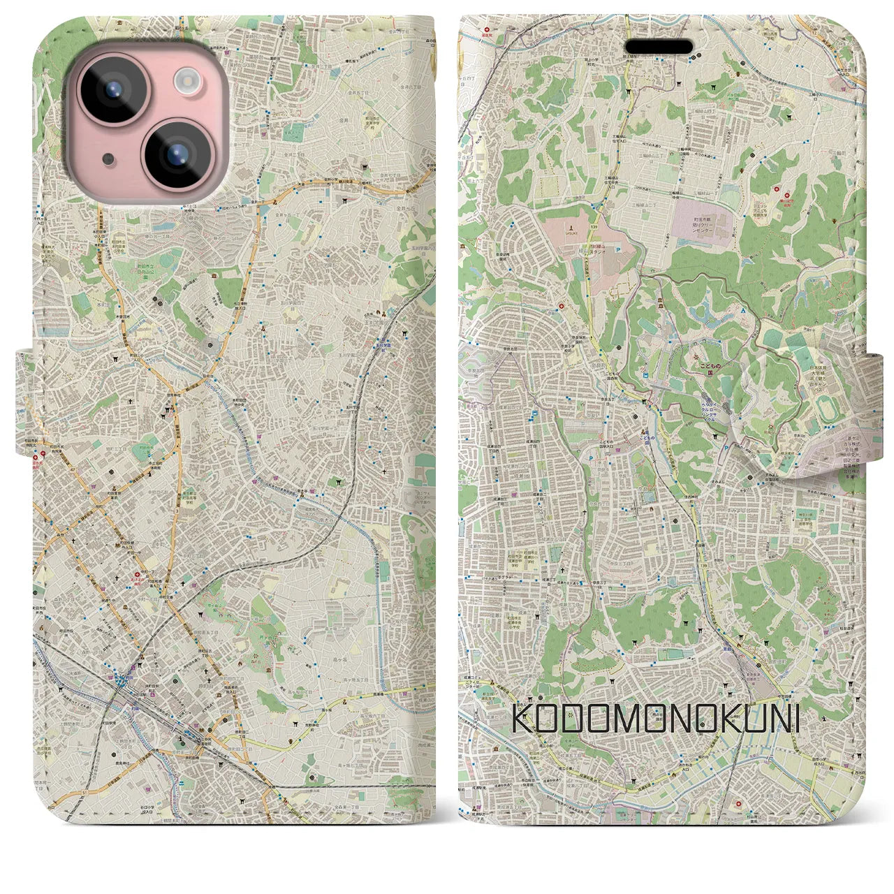 【こどもの国(神奈川県)】地図柄iPhoneケース(手帳タイプ)ナチュラル・iPhone 15 Plus 用
