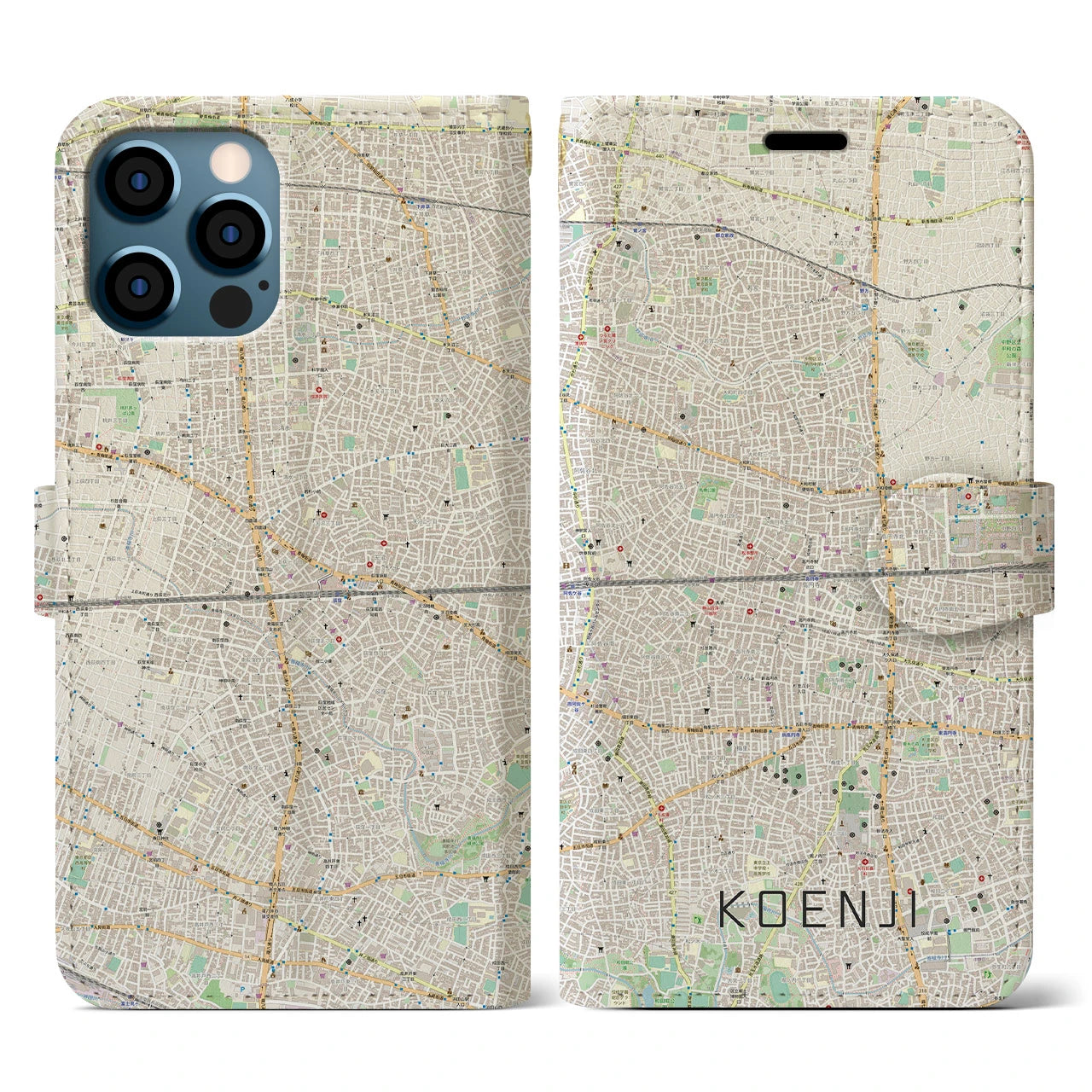 【高円寺2(東京都)】地図柄iPhoneケース(手帳タイプ)ナチュラル・iPhone 12 / 12 Pro 用