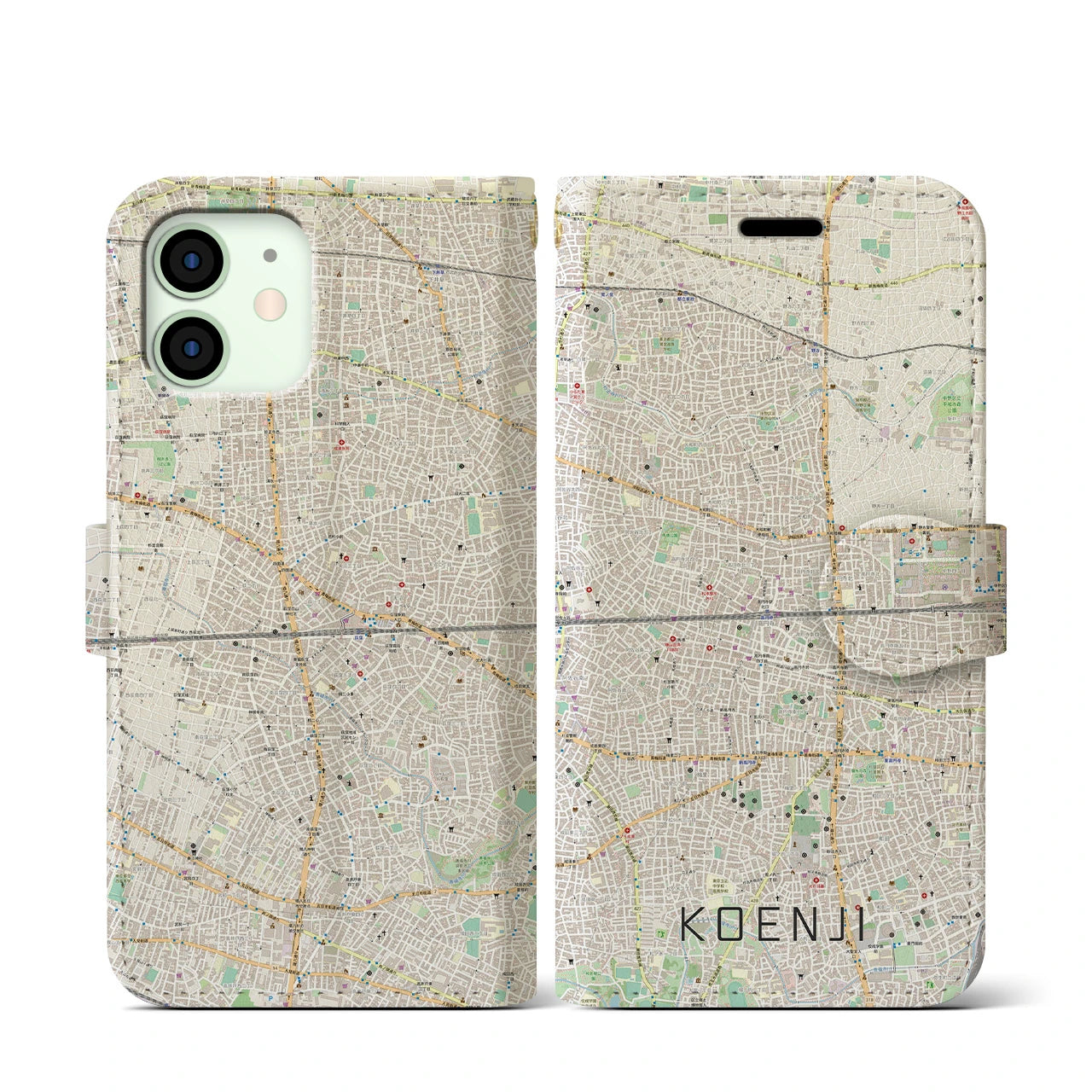 【高円寺2(東京都)】地図柄iPhoneケース(手帳タイプ)ナチュラル・iPhone 12 mini 用