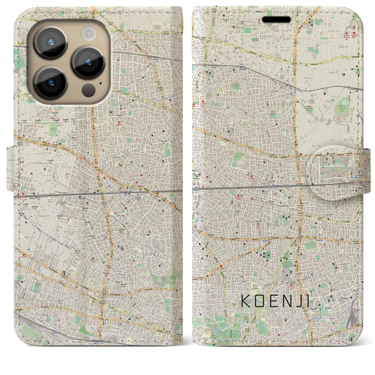 【高円寺2(東京都)】地図柄iPhoneケース(手帳タイプ)ナチュラル・iPhone 14 Pro Max 用