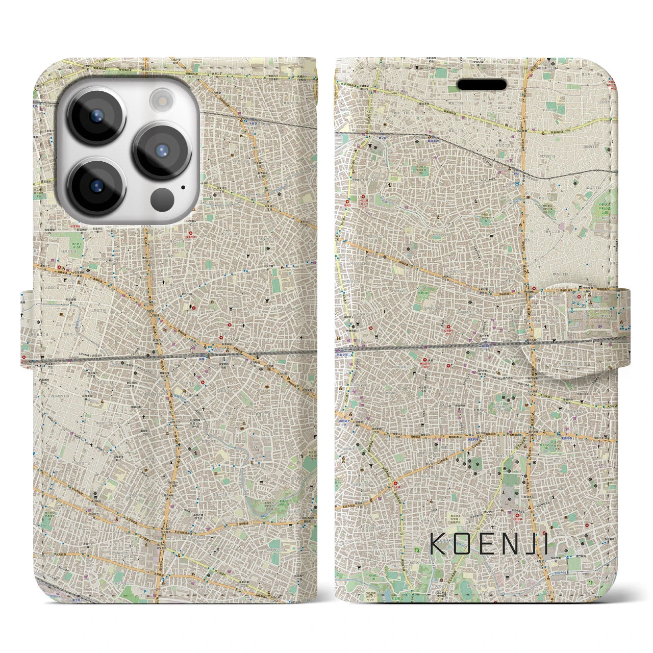 【高円寺2(東京都)】地図柄iPhoneケース(手帳タイプ)ナチュラル・iPhone 14 Pro 用