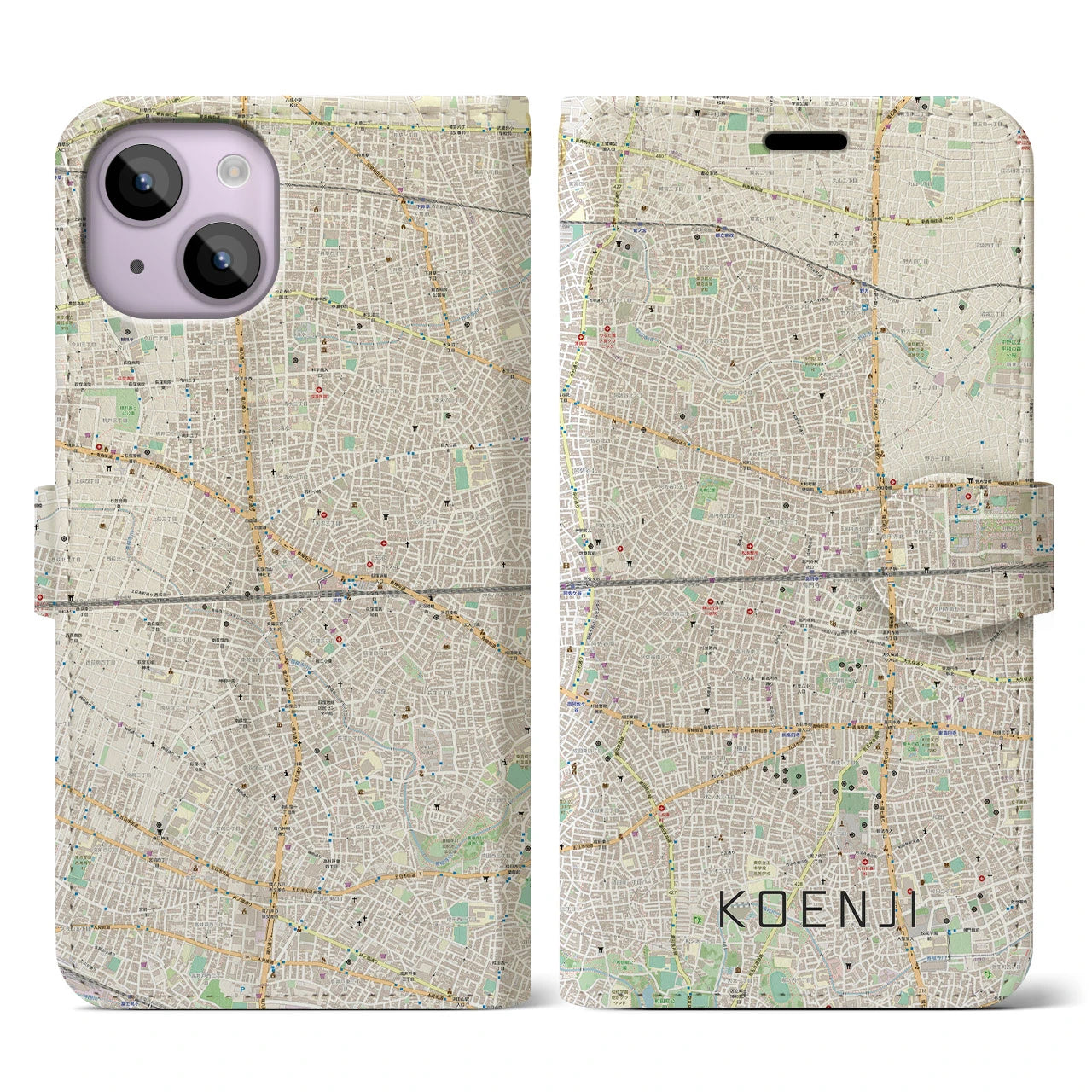 【高円寺2(東京都)】地図柄iPhoneケース(手帳タイプ)ナチュラル・iPhone 14 用