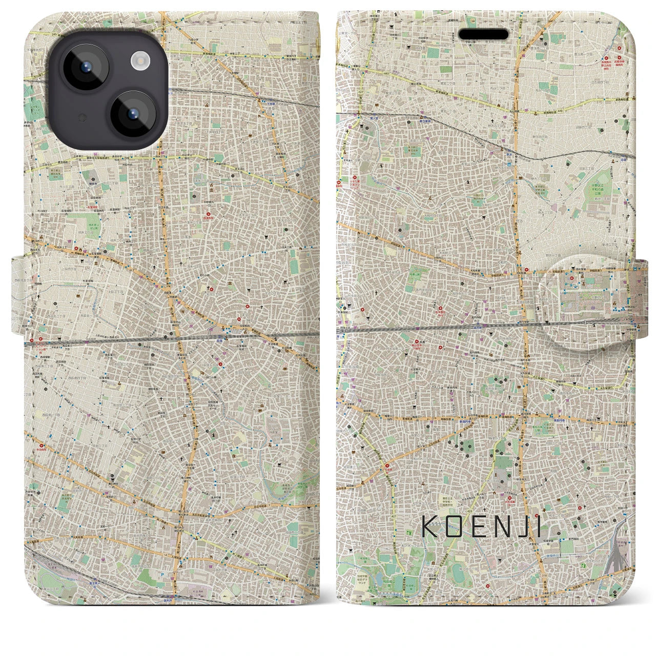 【高円寺2(東京都)】地図柄iPhoneケース(手帳タイプ)ナチュラル・iPhone 14 Plus 用