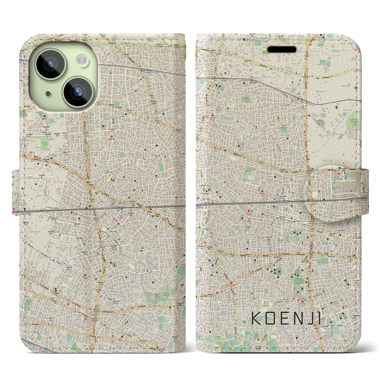 【高円寺2(東京都)】地図柄iPhoneケース(手帳タイプ)ナチュラル・iPhone 15 用