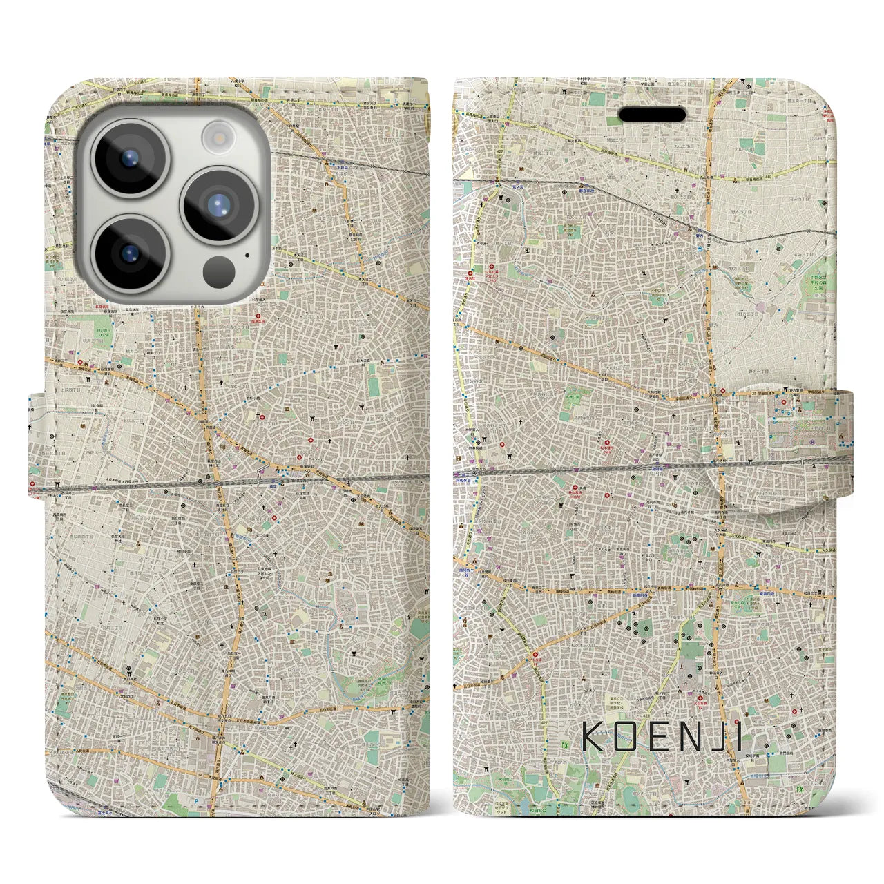 【高円寺2(東京都)】地図柄iPhoneケース(手帳タイプ)ナチュラル・iPhone 15 Pro 用