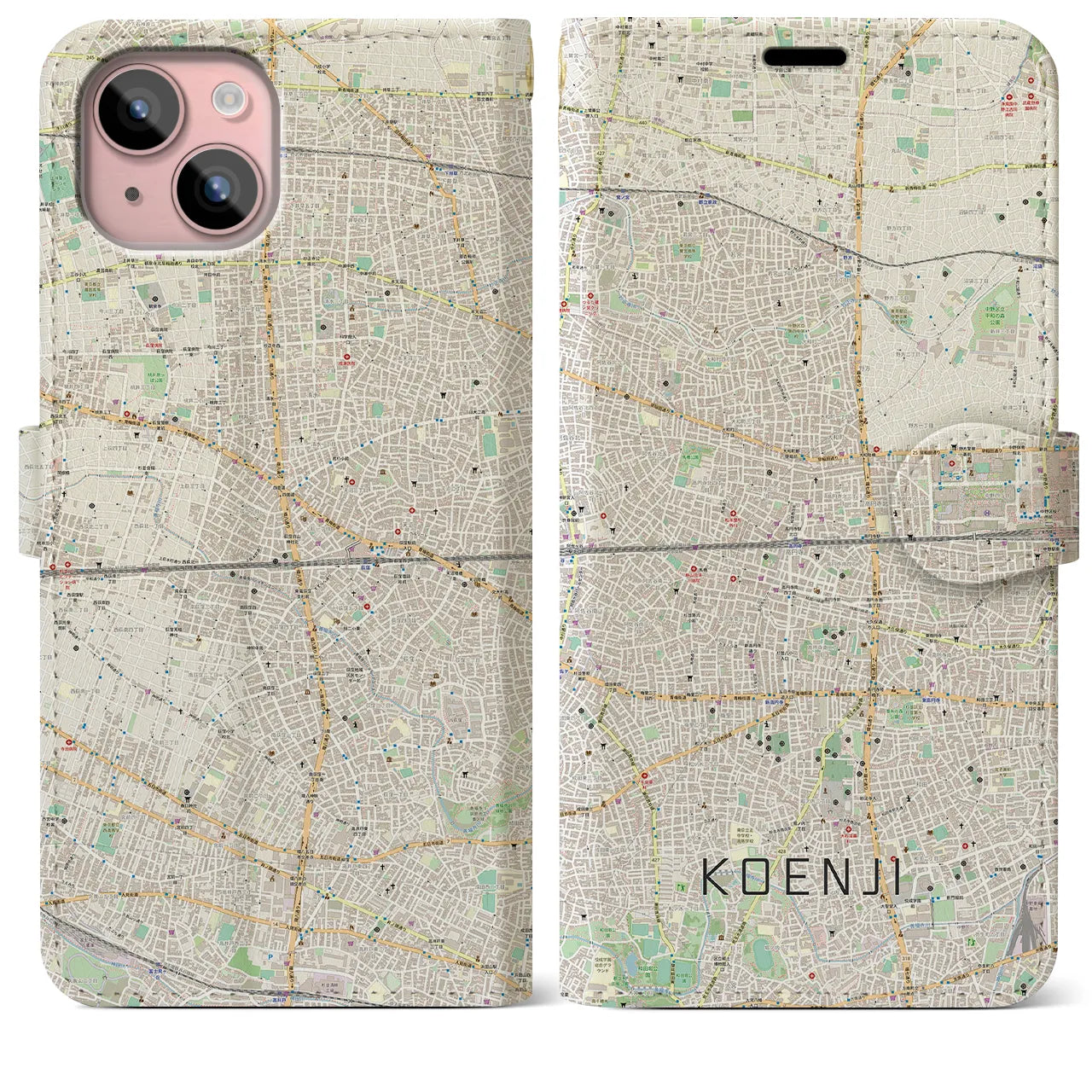 【高円寺2(東京都)】地図柄iPhoneケース(手帳タイプ)ナチュラル・iPhone 15 Plus 用