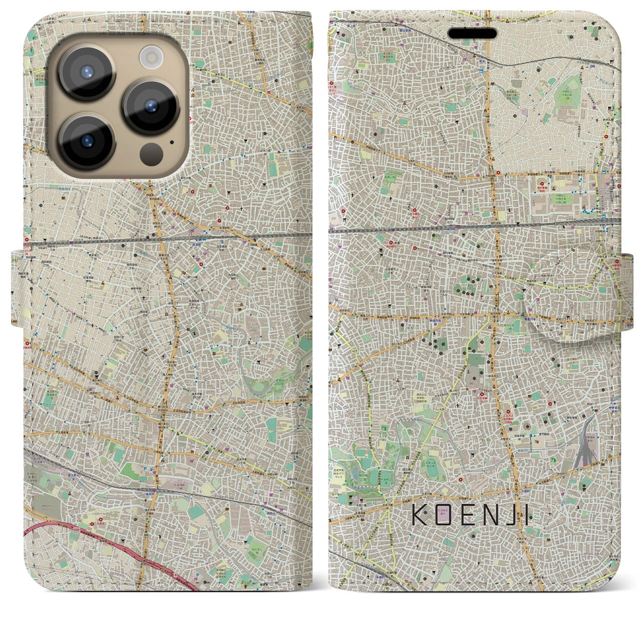 【高円寺(東京都)】地図柄iPhoneケース(手帳タイプ)ナチュラル・iPhone 14 Pro Max 用