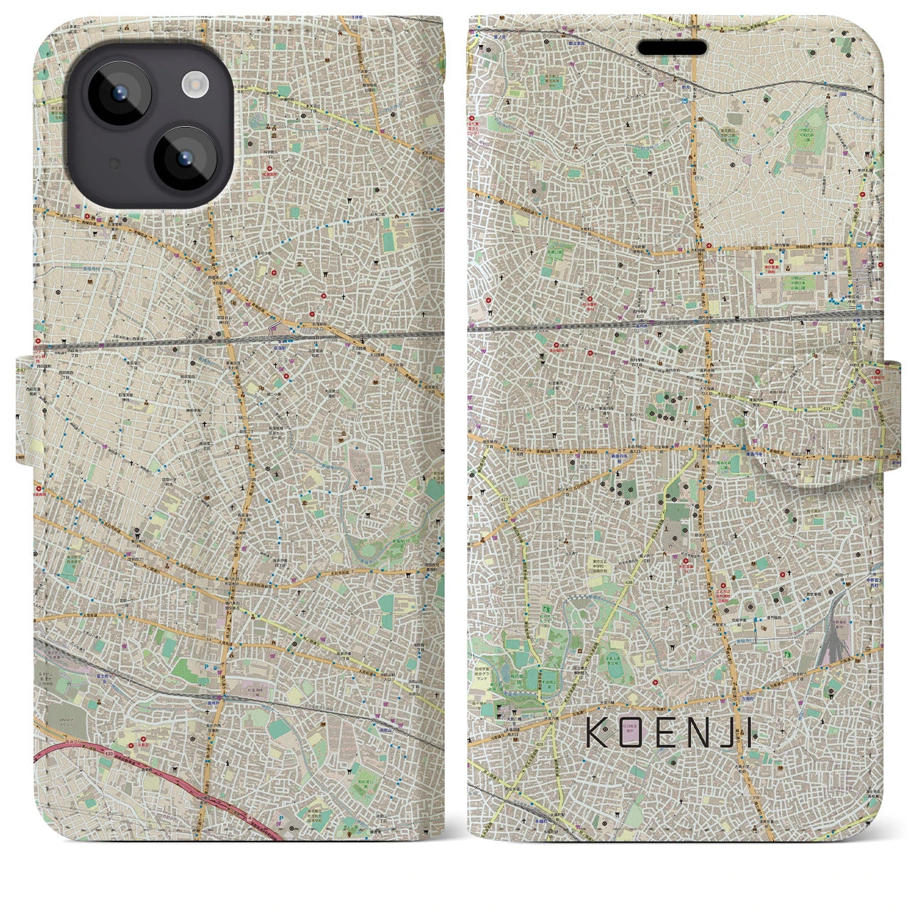 【高円寺(東京都)】地図柄iPhoneケース(手帳タイプ)ナチュラル・iPhone 14 Plus 用
