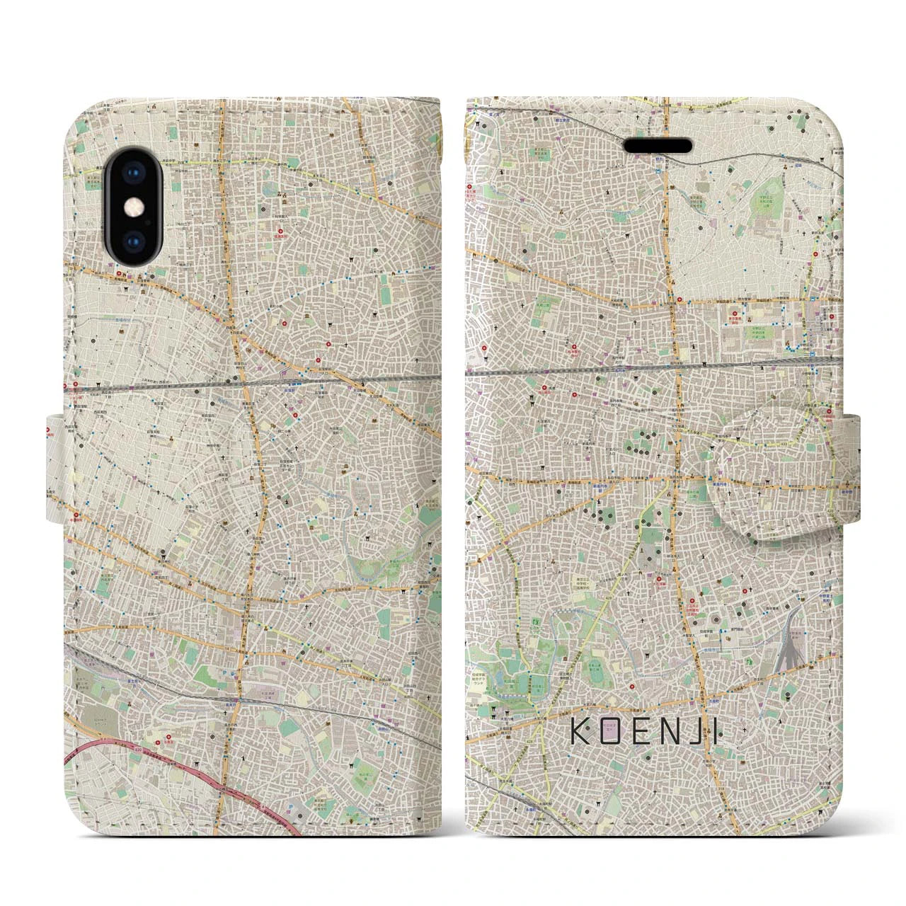 【高円寺(東京都)】地図柄iPhoneケース(手帳タイプ)ナチュラル・iPhone XS / X 用