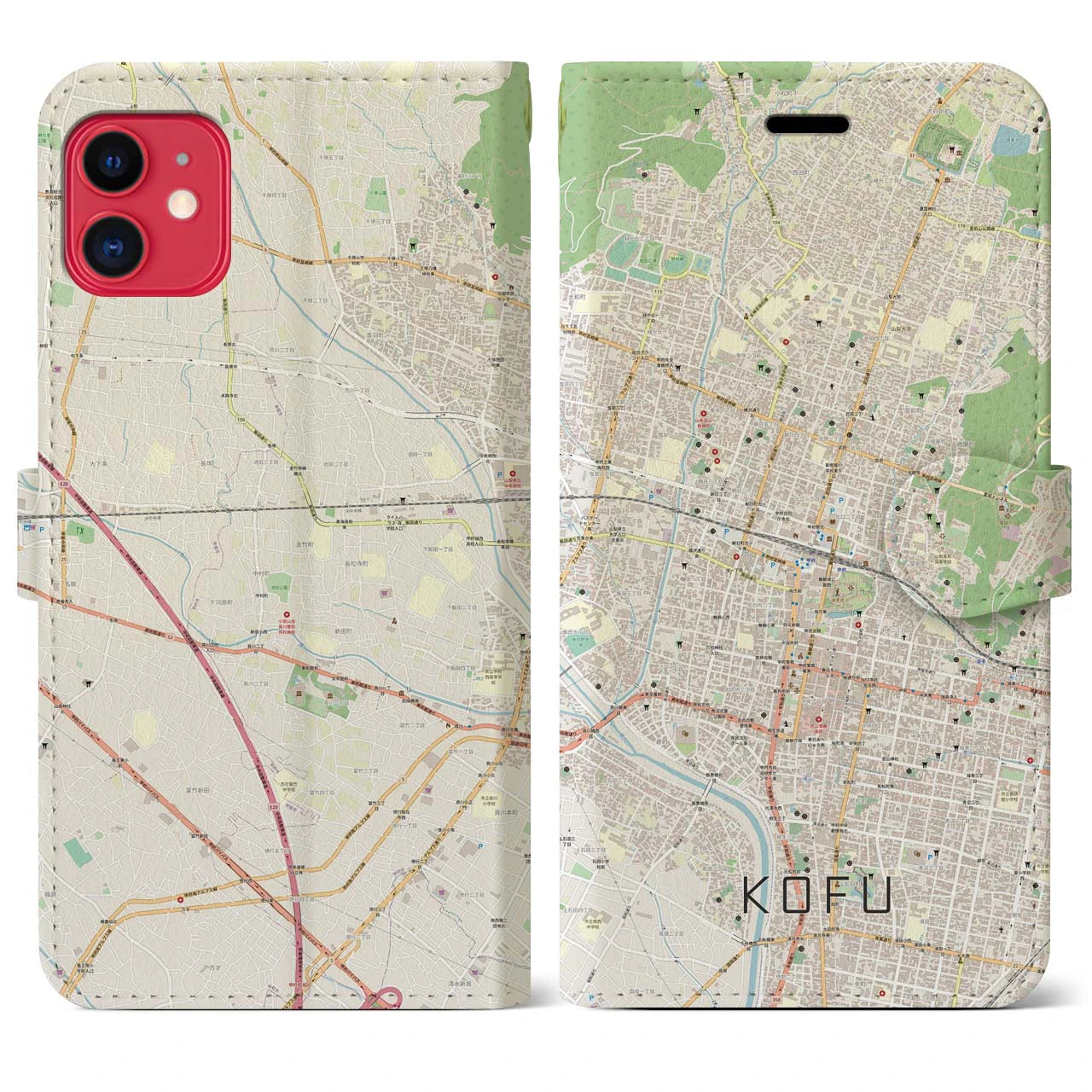 【甲府(山梨県)】地図柄iPhoneケース(手帳タイプ)ナチュラル・iPhone 11 用