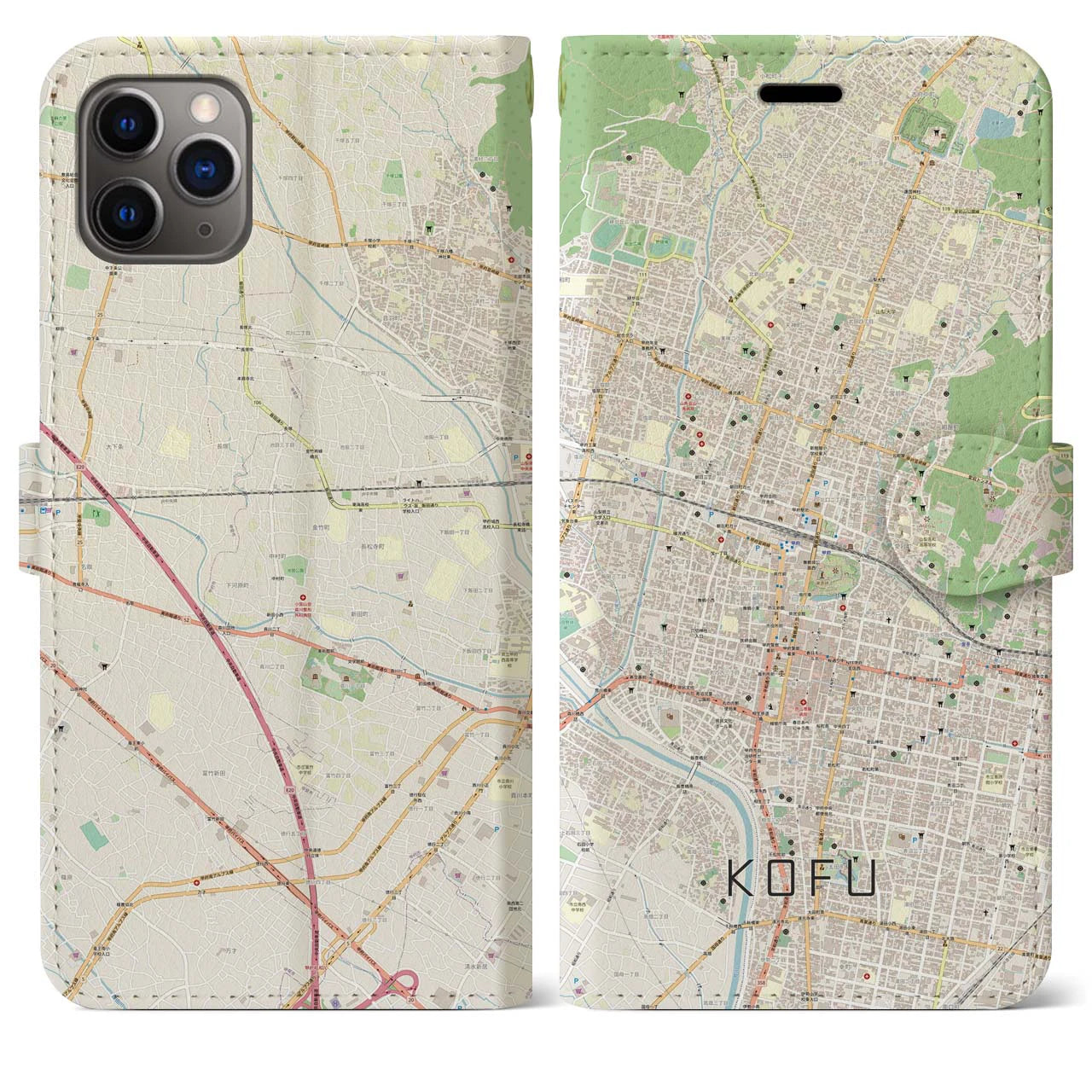 【甲府(山梨県)】地図柄iPhoneケース(手帳タイプ)ナチュラル・iPhone 11 Pro Max 用