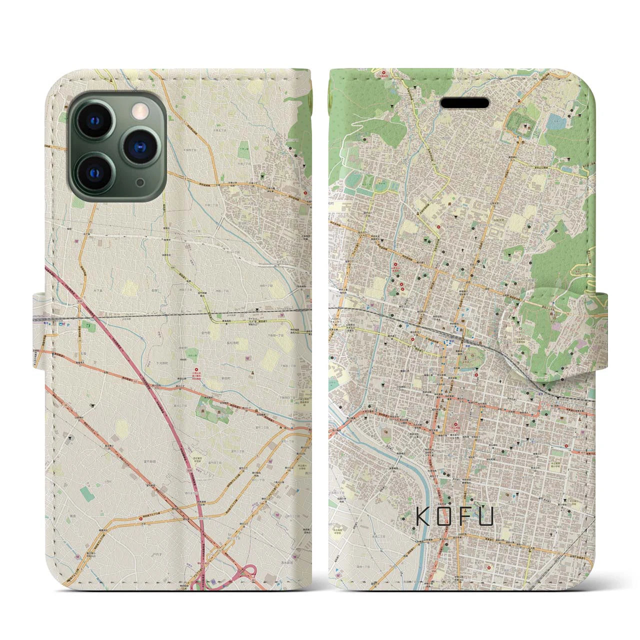 【甲府(山梨県)】地図柄iPhoneケース(手帳タイプ)ナチュラル・iPhone 11 Pro 用