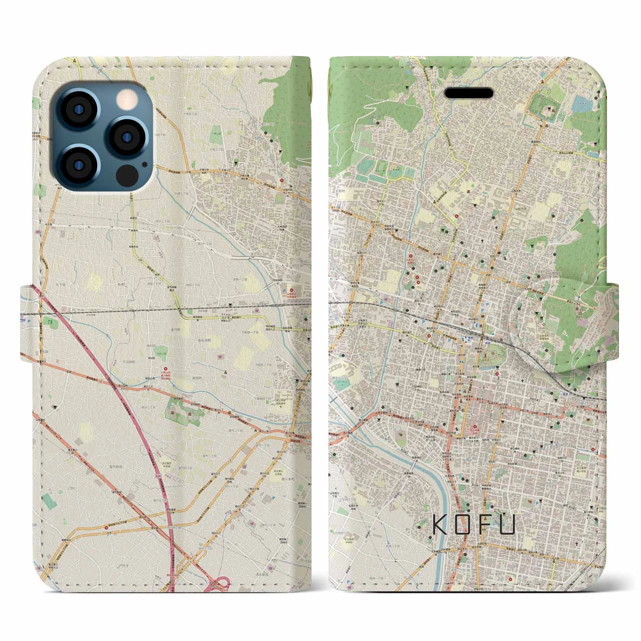 【甲府(山梨県)】地図柄iPhoneケース(手帳タイプ)ナチュラル・iPhone 12 / 12 Pro 用