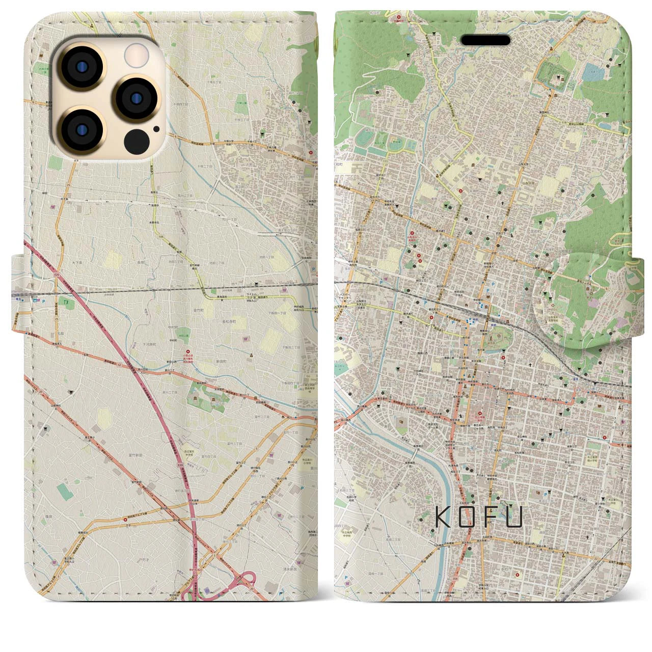 【甲府(山梨県)】地図柄iPhoneケース(手帳タイプ)ナチュラル・iPhone 12 Pro Max 用