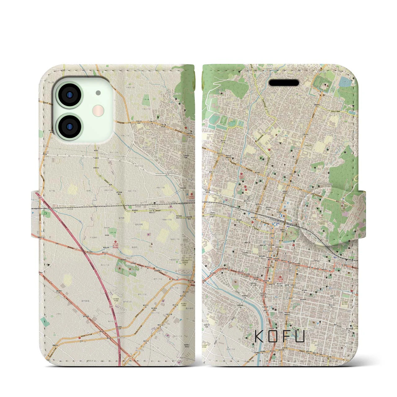 【甲府(山梨県)】地図柄iPhoneケース(手帳タイプ)ナチュラル・iPhone 12 mini 用