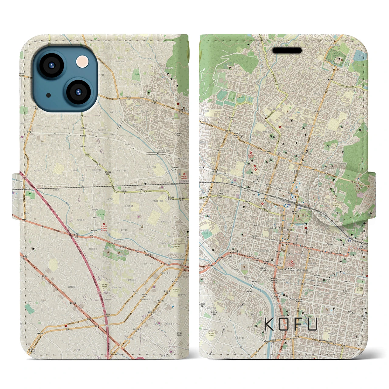 【甲府(山梨県)】地図柄iPhoneケース(手帳タイプ)ナチュラル・iPhone 13 用