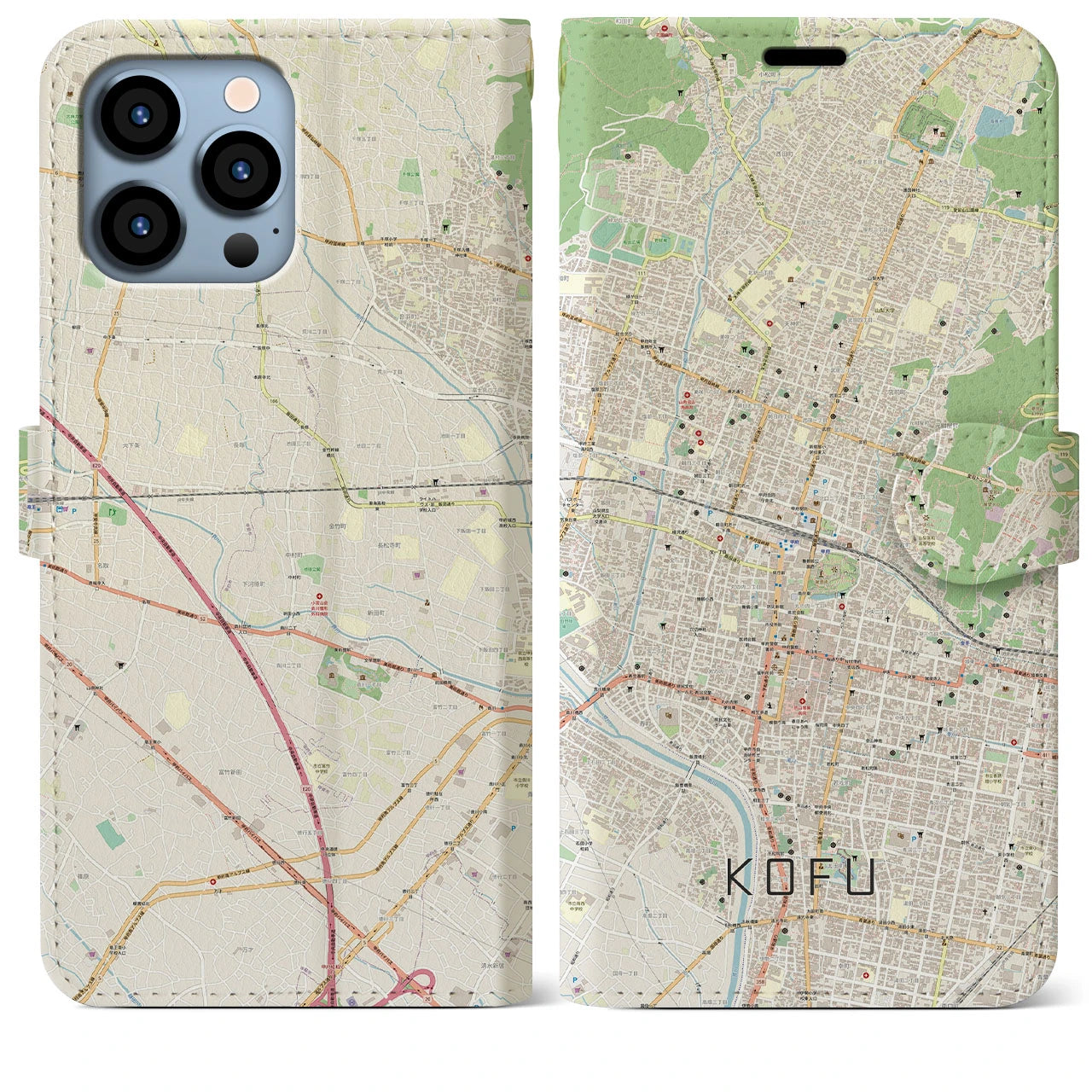 【甲府(山梨県)】地図柄iPhoneケース(手帳タイプ)ナチュラル・iPhone 13 Pro Max 用