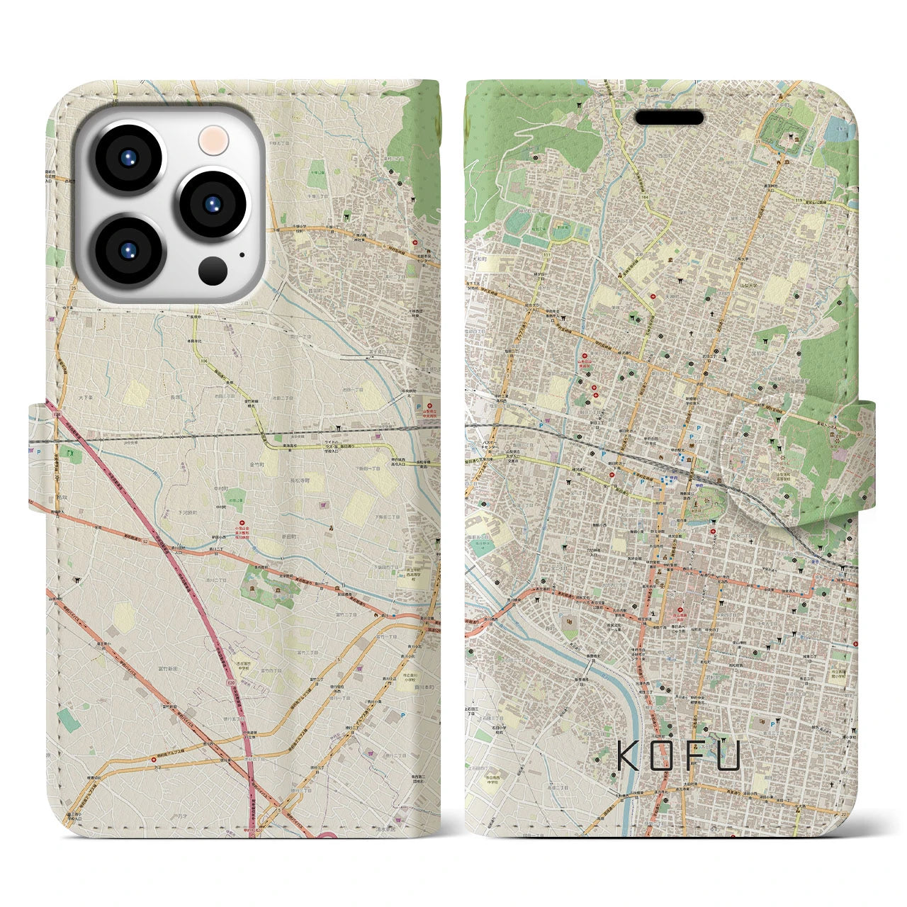 【甲府(山梨県)】地図柄iPhoneケース(手帳タイプ)ナチュラル・iPhone 13 Pro 用