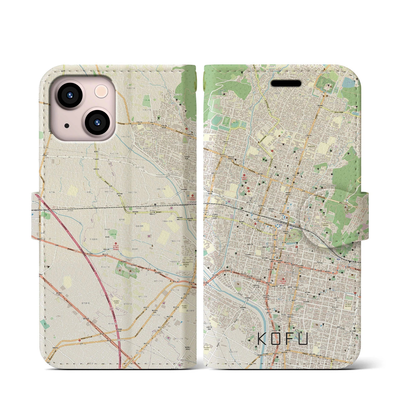 【甲府(山梨県)】地図柄iPhoneケース(手帳タイプ)ナチュラル・iPhone 13 mini 用