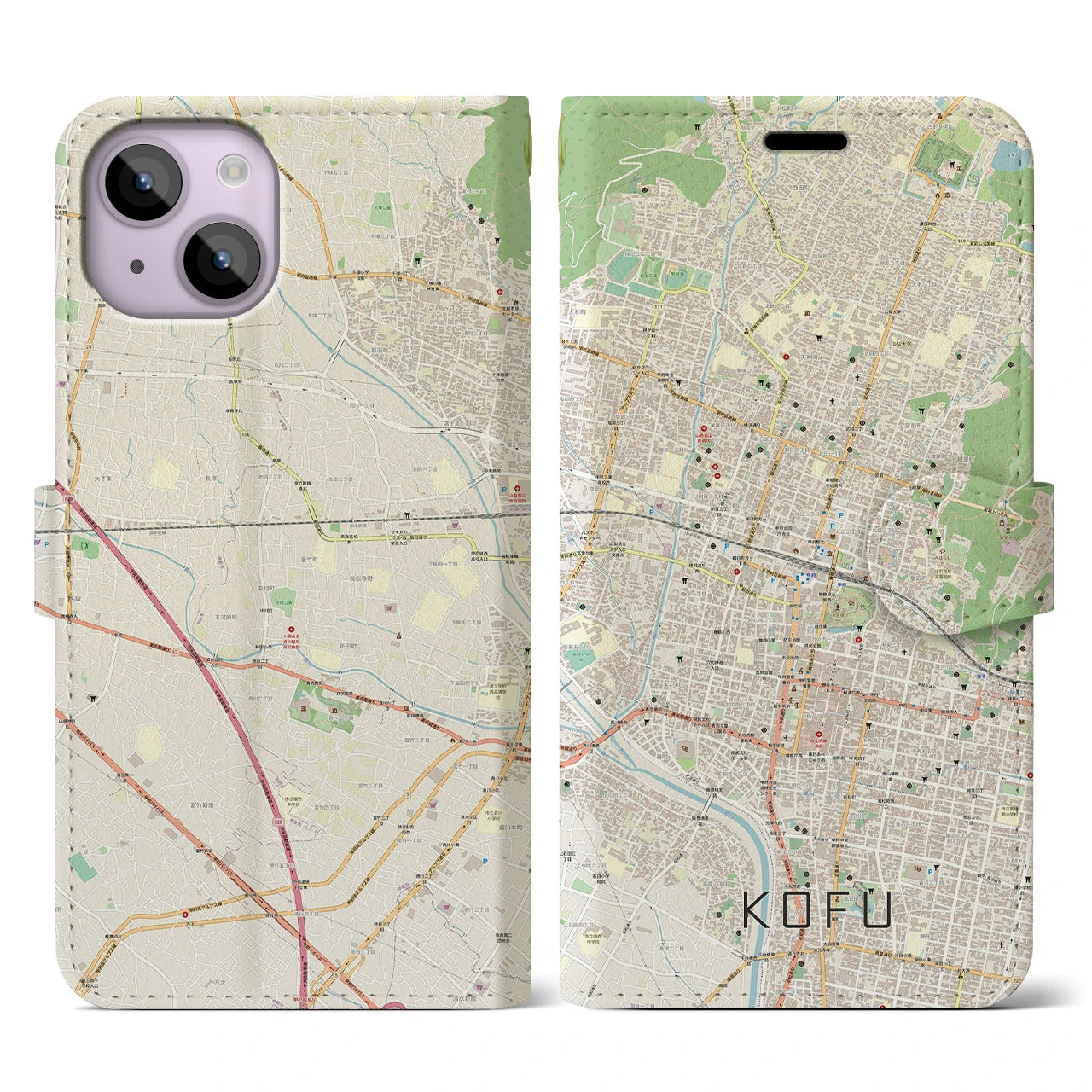 【甲府(山梨県)】地図柄iPhoneケース(手帳タイプ)ナチュラル・iPhone 14 用