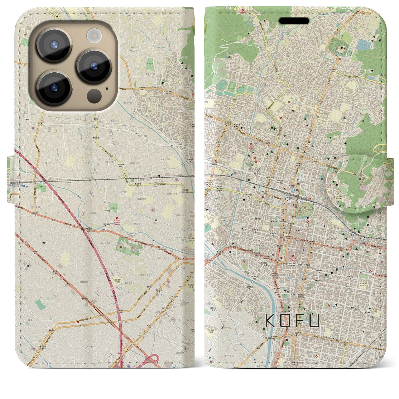 【甲府(山梨県)】地図柄iPhoneケース(手帳タイプ)ナチュラル・iPhone 14 Pro Max 用