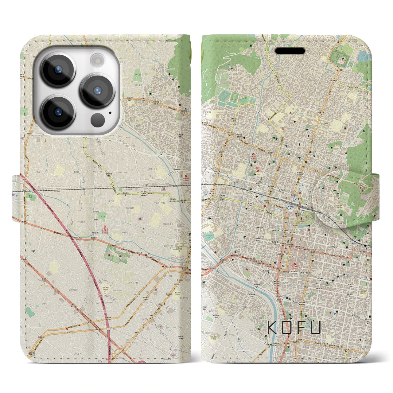 【甲府(山梨県)】地図柄iPhoneケース(手帳タイプ)ナチュラル・iPhone 14 Pro 用