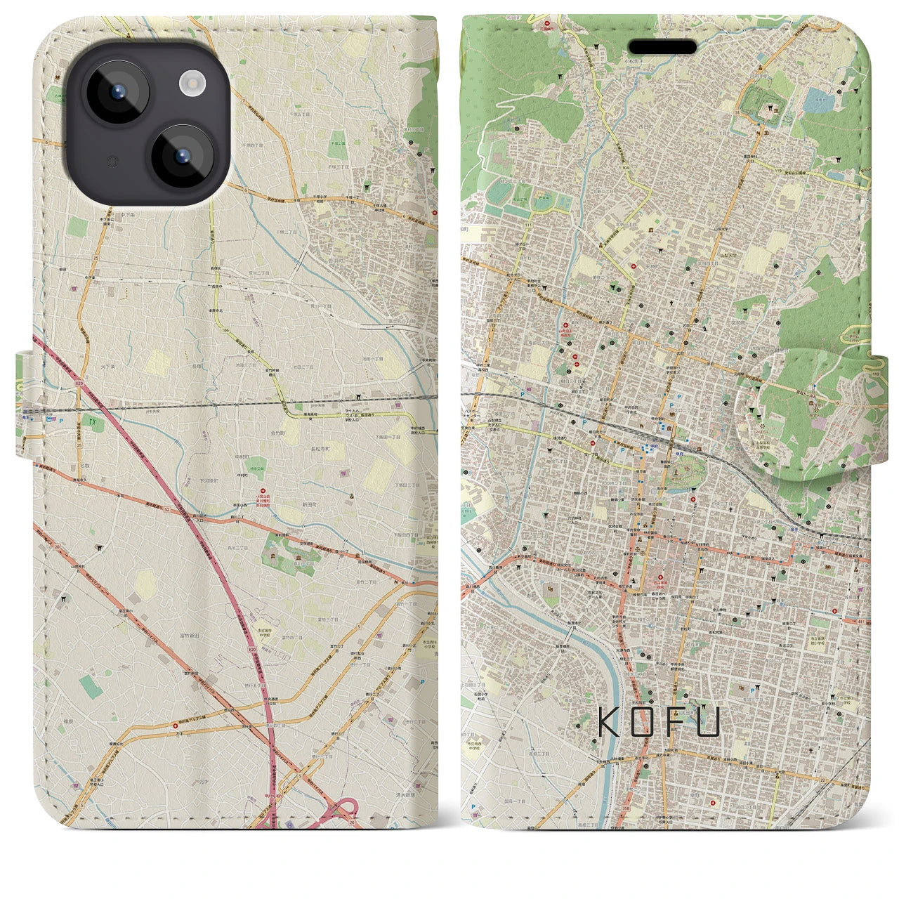 【甲府(山梨県)】地図柄iPhoneケース(手帳タイプ)ナチュラル・iPhone 14 Plus 用