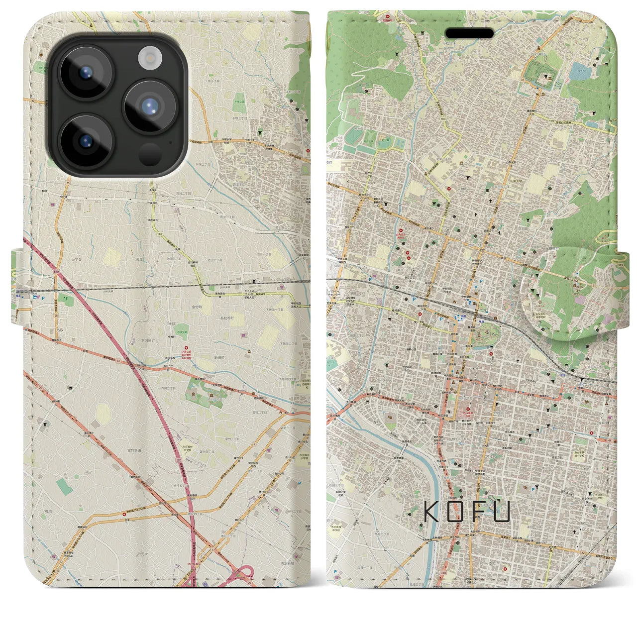 【甲府(山梨県)】地図柄iPhoneケース(手帳タイプ)ナチュラル・iPhone 15 Pro Max 用