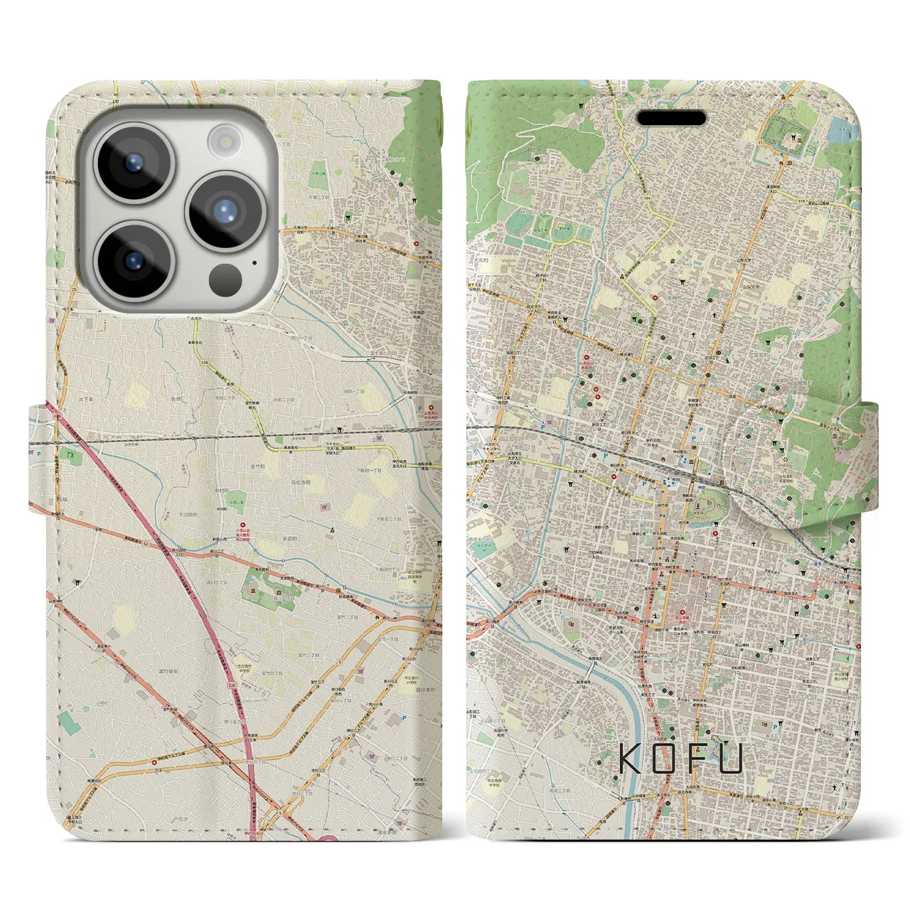 【甲府(山梨県)】地図柄iPhoneケース(手帳タイプ)ナチュラル・iPhone 15 Pro 用
