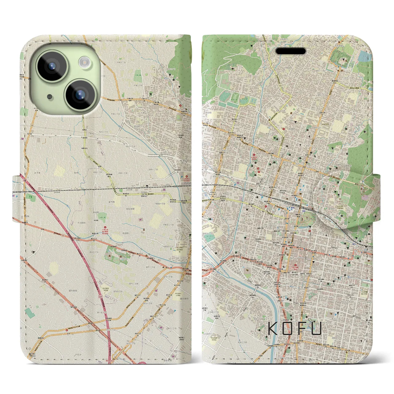 【甲府(山梨県)】地図柄iPhoneケース(手帳タイプ)ナチュラル・iPhone 15 用