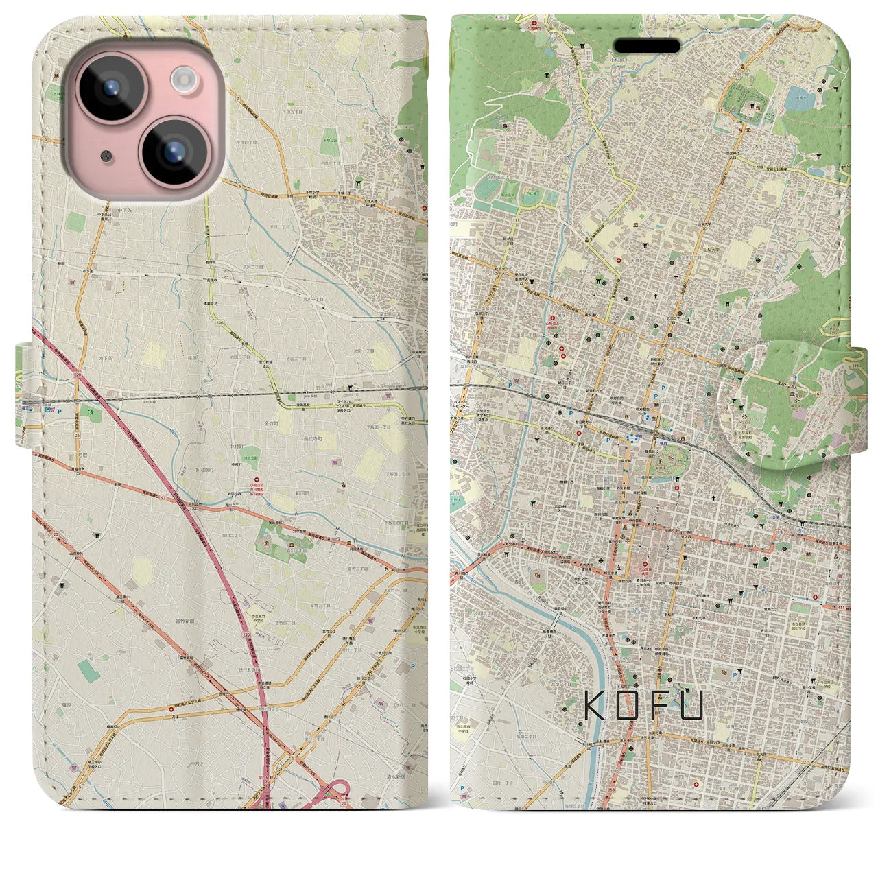 【甲府(山梨県)】地図柄iPhoneケース(手帳タイプ)ナチュラル・iPhone 15 Plus 用