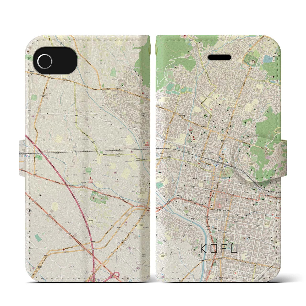 【甲府(山梨県)】地図柄iPhoneケース(手帳タイプ)ナチュラル・iPhone SE(第3 / 第2世代) / 8 / 7 / 6s / 6 用