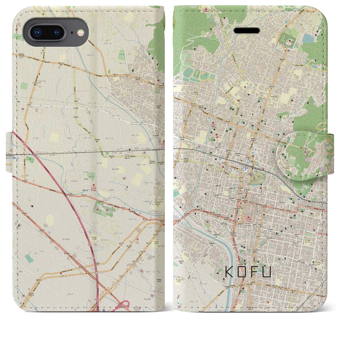 【甲府(山梨県)】地図柄iPhoneケース(手帳タイプ)ナチュラル・iPhone 8Plus /7Plus / 6sPlus / 6Plus 用