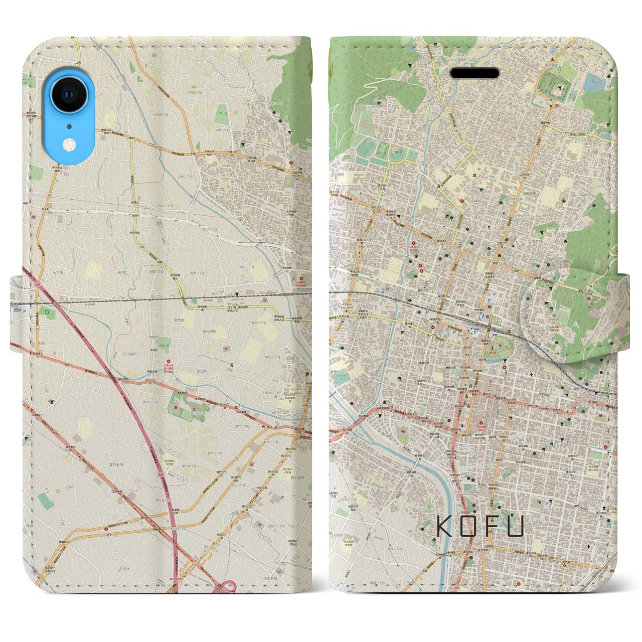 【甲府(山梨県)】地図柄iPhoneケース(手帳タイプ)ナチュラル・iPhone XR 用